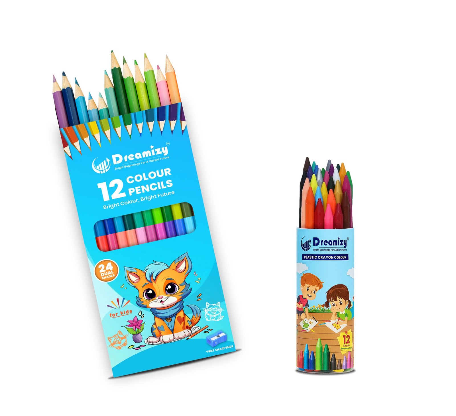 Dreamizy Dual Colour Pencils (12 pencils/24 shades) with Sharpener + 12-Color Plastic Crayons | Combo Pack of 2